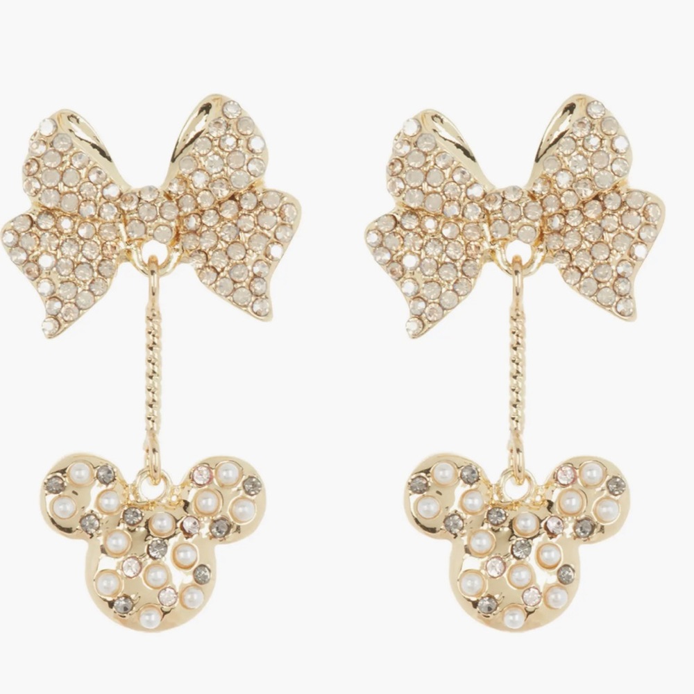 BaubleBar Disney Bow Drop Pearl Mickey Mouse Earrings Goldtone NWT Brand New